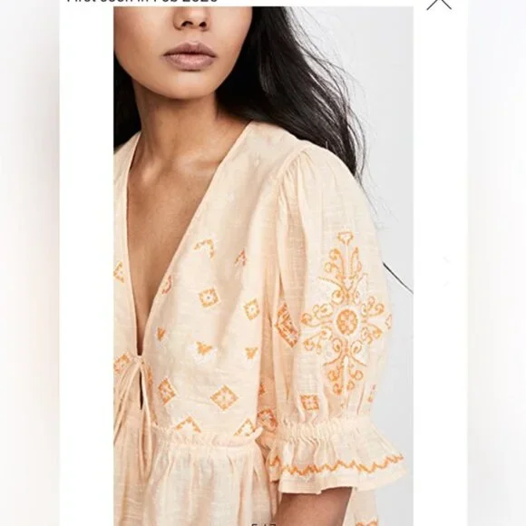 Free People Tallulah Embroidery Boho Crop Cotton Top Blouse XL Flowy Puff Sleeve - Picture 6 of 16